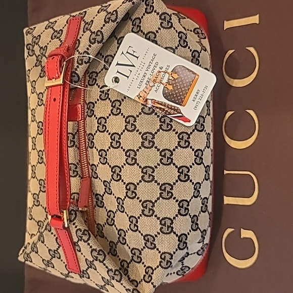 GUCCI VINTAGE ULTRA RARE 1990’S GG CANVAS THREE WAY CONVERTIBLE BAG NAVY/RED/TAN - Picture 6 of 17